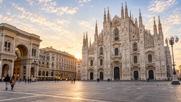 Milan Cathedral and Piazza del Duomo in warm morning light — AI-generated illustration