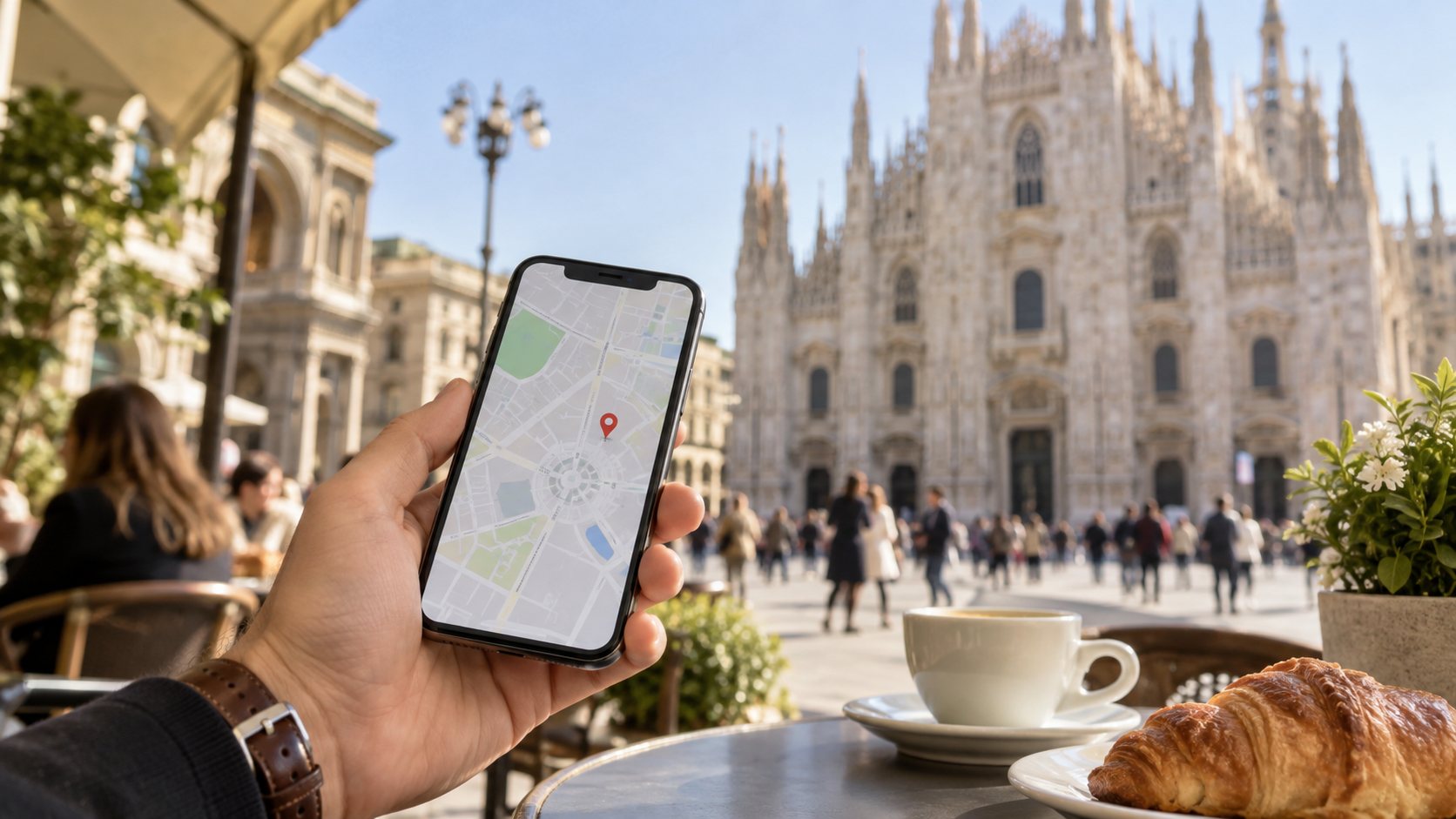 Traveller using a smartphone map near Milan Cathedral — AI-generated illustration